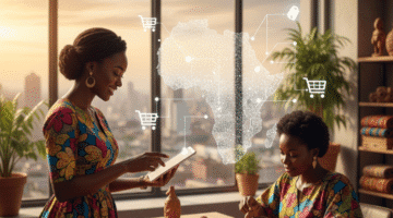 A landscape view of a handshake between a seller in African attire and a buyer, overlaid with a glowing digital flowchart showing transparent vendor pathways including verification, listing, and secure transactions.