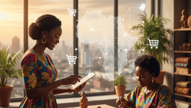 A landscape view of a handshake between a seller in African attire and a buyer, overlaid with a glowing digital flowchart showing transparent vendor pathways including verification, listing, and secure transactions.