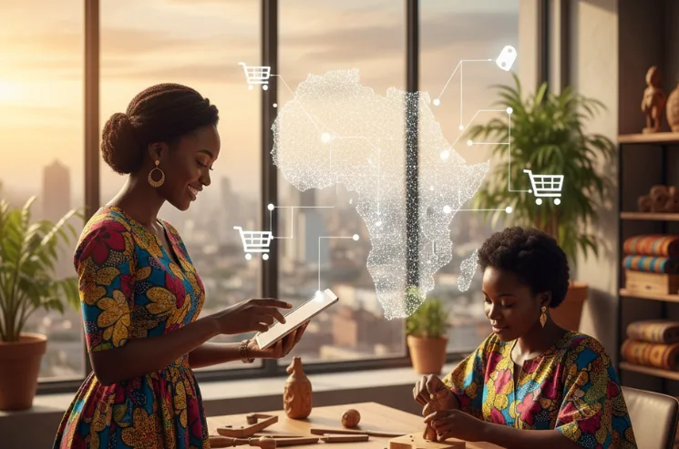 A landscape view of a handshake between a seller in African attire and a buyer, overlaid with a glowing digital flowchart showing transparent vendor pathways including verification, listing, and secure transactions.