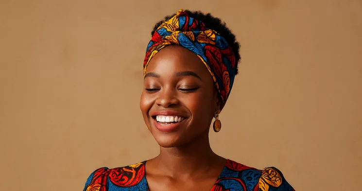 A close-up portrait of a young African woman with short, natural hair, wearing a vibrant, multicolored African print (Ankara) dress and matching head wrap. She has her eyes closed and is smiling broadly, showing a perfect, joyful expression. She is wearing round, amber-colored drop earrings against a plain tan background.
