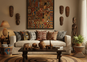 Living room featuring a light-colored sofa with patterned pillows, a round woven rug, and a coffee table displaying pottery and wooden statues, flanked by walls adorned with African masks and a large, brightly colored, patterned textile artwork. African-Inspired Décor: Handcrafted Art for Your Home.