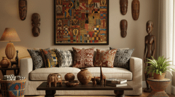 Living room featuring a light-colored sofa with patterned pillows, a round woven rug, and a coffee table displaying pottery and wooden statues, flanked by walls adorned with African masks and a large, brightly colored, patterned textile artwork. African-Inspired Décor: Handcrafted Art for Your Home.