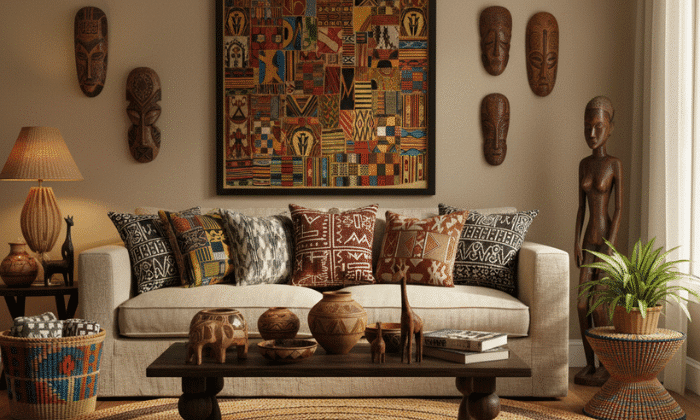 Living room featuring a light-colored sofa with patterned pillows, a round woven rug, and a coffee table displaying pottery and wooden statues, flanked by walls adorned with African masks and a large, brightly colored, patterned textile artwork. African-Inspired Décor: Handcrafted Art for Your Home.