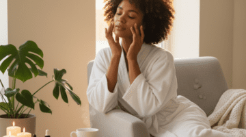 A woman practicing a restorative Self-Care Saturday routine by applying a facial mask in a sun-drenched, cozy bedroom. The serene setting, complete with herbal tea, wellness books, and a diffuser, illustrates how dedicated weekend rituals help lower stress and improve mental well-being.