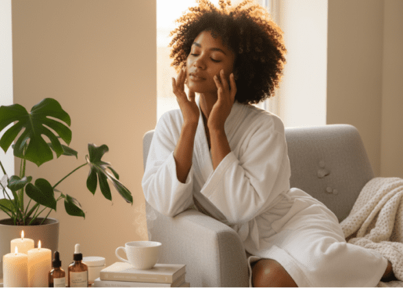 A woman practicing a restorative Self-Care Saturday routine by applying a facial mask in a sun-drenched, cozy bedroom. The serene setting, complete with herbal tea, wellness books, and a diffuser, illustrates how dedicated weekend rituals help lower stress and improve mental well-being.
