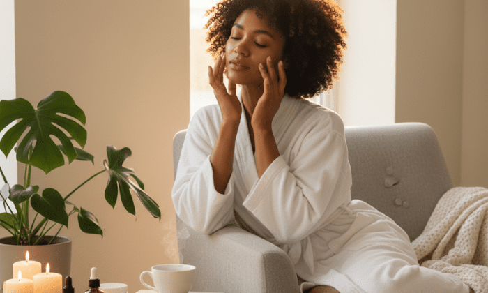 A woman practicing a restorative Self-Care Saturday routine by applying a facial mask in a sun-drenched, cozy bedroom. The serene setting, complete with herbal tea, wellness books, and a diffuser, illustrates how dedicated weekend rituals help lower stress and improve mental well-being.