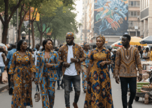 A group of African men and women walk confidently through a vibrant urban street, showcasing modern African identity through a blend of traditional textiles and contemporary silhouettes, including tailored suits, patterned bomber jackets, and flowing dresses in bold yellow and blue Ankara prints.