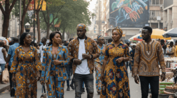 A group of African men and women walk confidently through a vibrant urban street, showcasing modern African identity through a blend of traditional textiles and contemporary silhouettes, including tailored suits, patterned bomber jackets, and flowing dresses in bold yellow and blue Ankara prints.