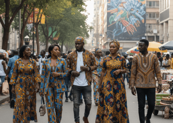 A group of African men and women walk confidently through a vibrant urban street, showcasing modern African identity through a blend of traditional textiles and contemporary silhouettes, including tailored suits, patterned bomber jackets, and flowing dresses in bold yellow and blue Ankara prints.
