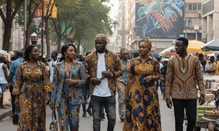 A group of African men and women walk confidently through a vibrant urban street, showcasing modern African identity through a blend of traditional textiles and contemporary silhouettes, including tailored suits, patterned bomber jackets, and flowing dresses in bold yellow and blue Ankara prints.