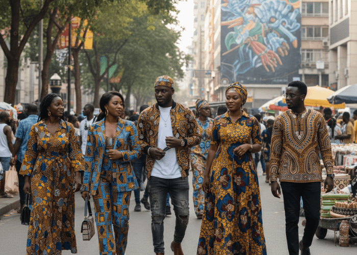 A group of African men and women walk confidently through a vibrant urban street, showcasing modern African identity through a blend of traditional textiles and contemporary silhouettes, including tailored suits, patterned bomber jackets, and flowing dresses in bold yellow and blue Ankara prints.