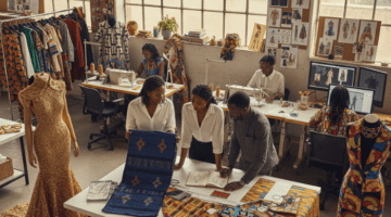 A bright, modern fashion studio in Kenya where a diverse team of designers collaborates over a table. They are examining vibrant handwoven textiles, sketches, and patterns. The background features industrial sewing machines and mannequins dressed in contemporary silhouettes that blend traditional African heritage with global high-fashion trends.