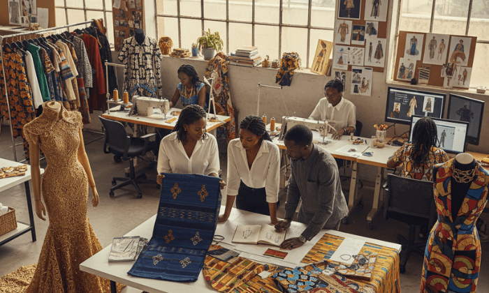 A bright, modern fashion studio in Kenya where a diverse team of designers collaborates over a table. They are examining vibrant handwoven textiles, sketches, and patterns. The background features industrial sewing machines and mannequins dressed in contemporary silhouettes that blend traditional African heritage with global high-fashion trends.