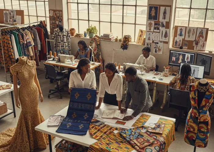 A bright, modern fashion studio in Kenya where a diverse team of designers collaborates over a table. They are examining vibrant handwoven textiles, sketches, and patterns. The background features industrial sewing machines and mannequins dressed in contemporary silhouettes that blend traditional African heritage with global high-fashion trends.