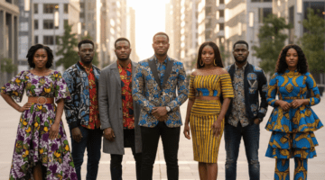 A group of seven people standing outdoors in an urban setting, wearing vibrant modern fashion featuring traditional African wax print patterns (Ankara) in various styles including suits, dresses, and jackets
