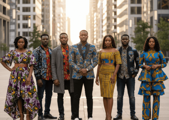 A group of seven people standing outdoors in an urban setting, wearing vibrant modern fashion featuring traditional African wax print patterns (Ankara) in various styles including suits, dresses, and jackets