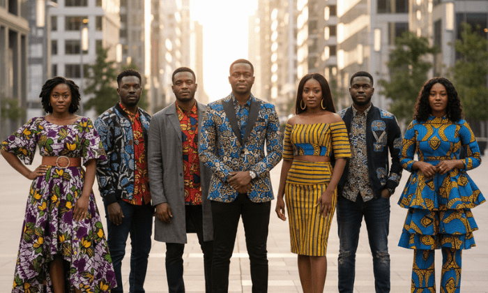 A group of seven people standing outdoors in an urban setting, wearing vibrant modern fashion featuring traditional African wax print patterns (Ankara) in various styles including suits, dresses, and jackets