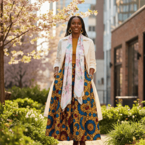 A smiling African woman standing in a sunlit garden-city setting, wearing a vibrant, yellow and blue patterned Ankara maxi skirt paired with a modern cream-colored trench coat and a floral spring scarf.