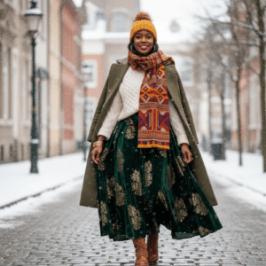 An African woman in an urban winter setting wearing an elegant green velvet and gold brocade skirt, a cream knit sweater, a structured olive coat, and a patterned scarf. She is wearing a yellow beanie and leather boots while walking on a snowy cobblestone street.