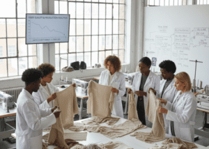 A diverse team of fashion designers and scientists in a bright studio examining weathered textiles and "Fiber Quality & Production Analytics" charts to study the impact of climate change on materials.
