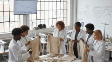A diverse team of fashion designers and scientists in a bright studio examining weathered textiles and "Fiber Quality & Production Analytics" charts to study the impact of climate change on materials.
