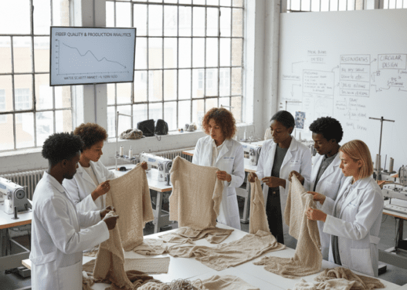 A diverse team of fashion designers and scientists in a bright studio examining weathered textiles and "Fiber Quality & Production Analytics" charts to study the impact of climate change on materials.