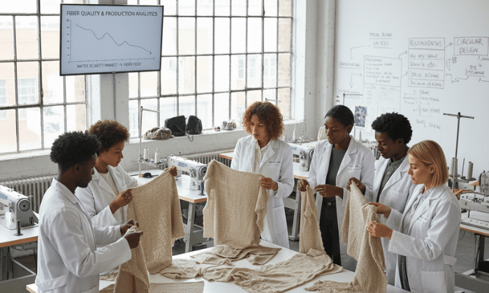 A diverse team of fashion designers and scientists in a bright studio examining weathered textiles and "Fiber Quality & Production Analytics" charts to study the impact of climate change on materials.