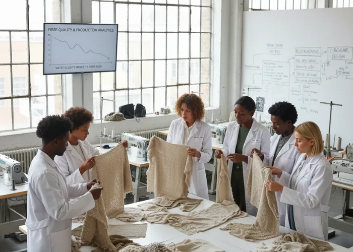 A diverse team of fashion designers and scientists in a bright studio examining weathered textiles and "Fiber Quality & Production Analytics" charts to study the impact of climate change on materials.