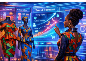 Futuristic African fashion lab with mannequins in vibrant Ankara and Kitenge fabrics and a woman interacting with holographic AI trend forecasts.