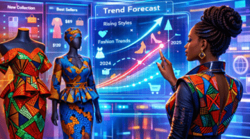 Futuristic African fashion lab with mannequins in vibrant Ankara and Kitenge fabrics and a woman interacting with holographic AI trend forecasts.