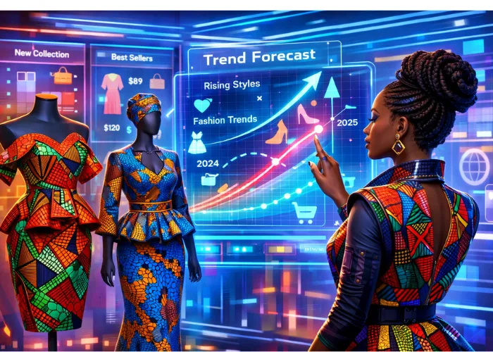 Futuristic African fashion lab with mannequins in vibrant Ankara and Kitenge fabrics and a woman interacting with holographic AI trend forecasts.