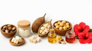 African beauty secrets ingredients: shea butter, baobab oil, marula oil, and hibiscus flowers on a clean flat-lay background