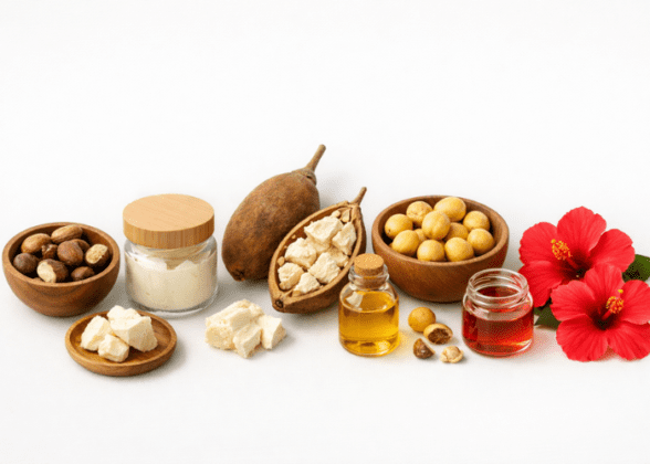 African beauty secrets ingredients: shea butter, baobab oil, marula oil, and hibiscus flowers on a clean flat-lay background