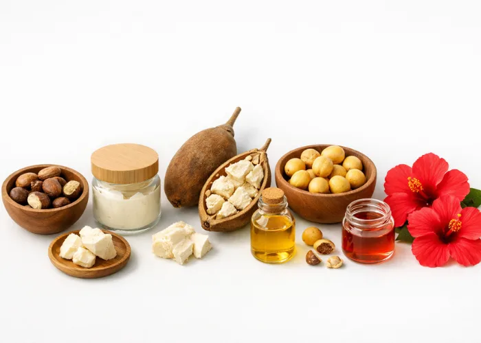 African beauty secrets ingredients: shea butter, baobab oil, marula oil, and hibiscus flowers on a clean flat-lay background