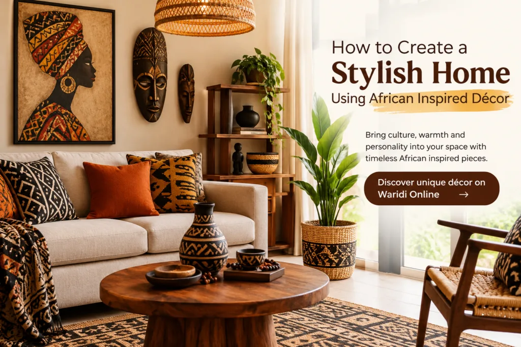 African inspired living room décor with woven accents and cultural artwork.