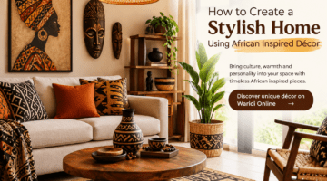 African inspired living room décor with woven accents and cultural artwork.