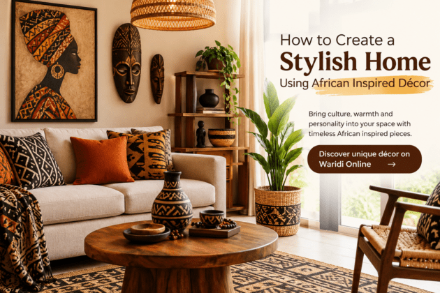 African inspired living room décor with woven accents and cultural artwork.